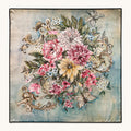 Rose Garland silk scarf, 40x40 — hand-painted roses, dahlias and gold scrolls on sea-glass blue, satin flat lay
