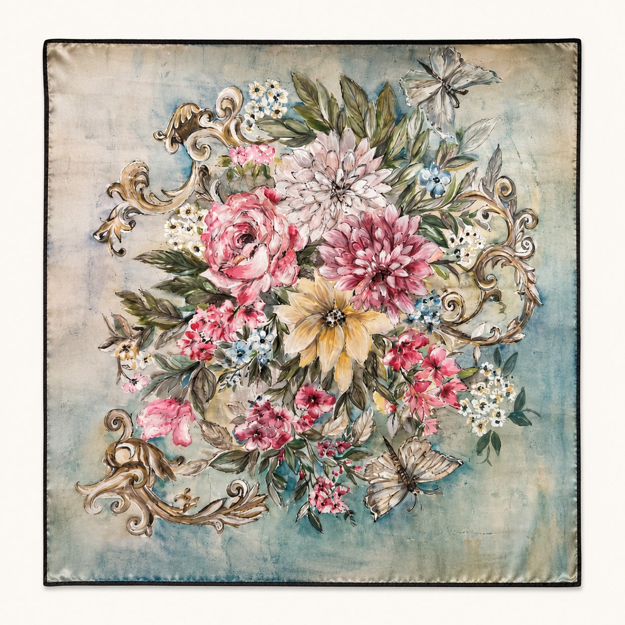 Rose Garland silk scarf, 40x40 — hand-painted roses, dahlias and gold scrolls on sea-glass blue, satin flat lay