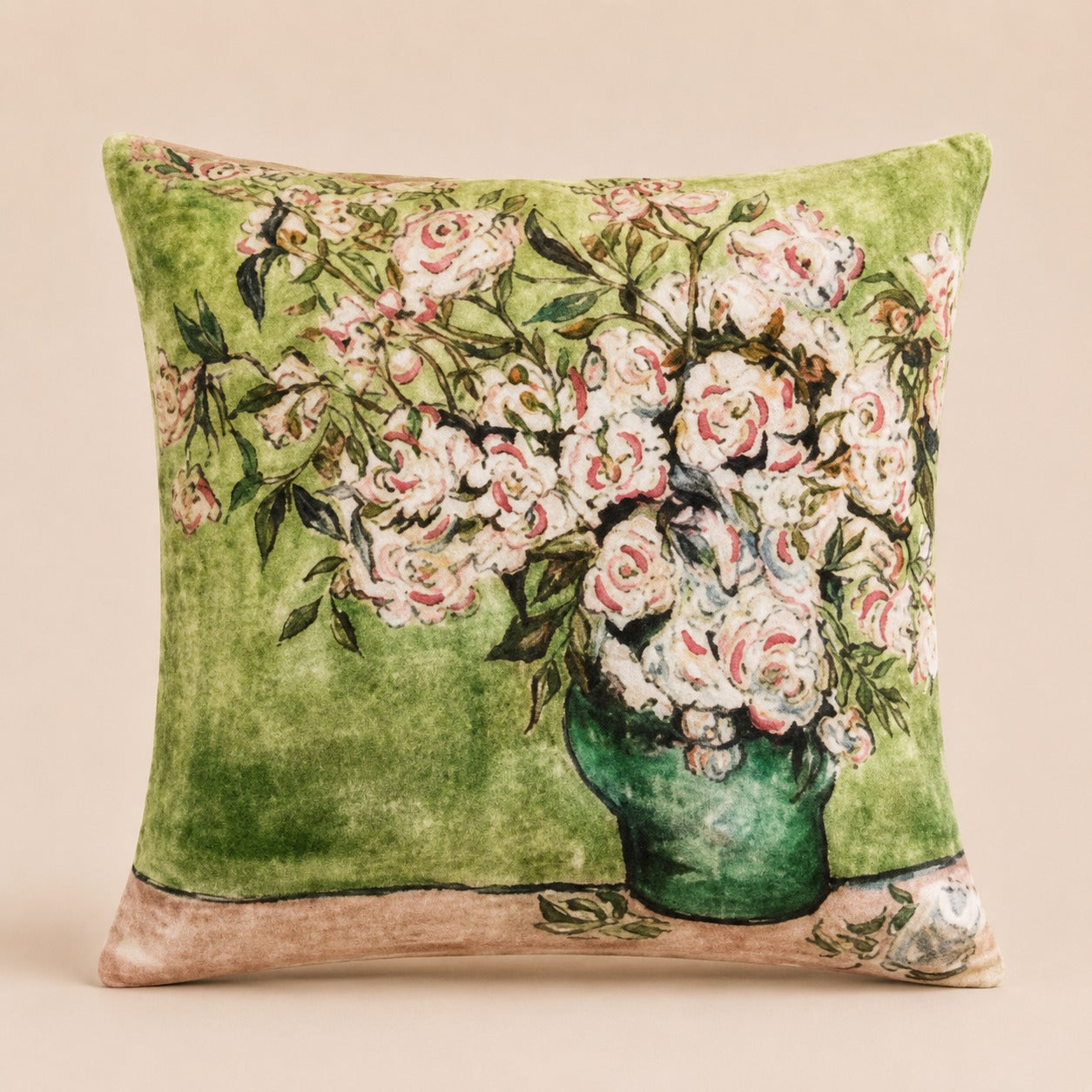 Rose Pot cushion — white roses in a green pot on moss-green velvet, flat catalogue