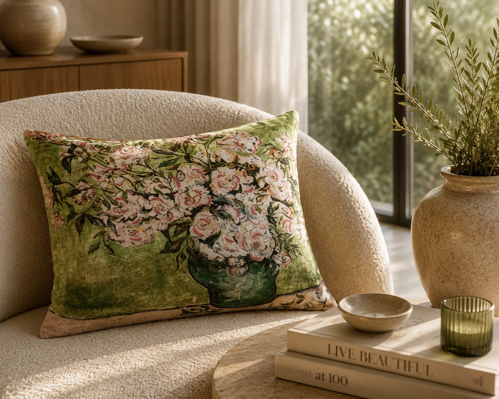 Rose Pot cushion styled on a cream bouclé armchair in soft daylight