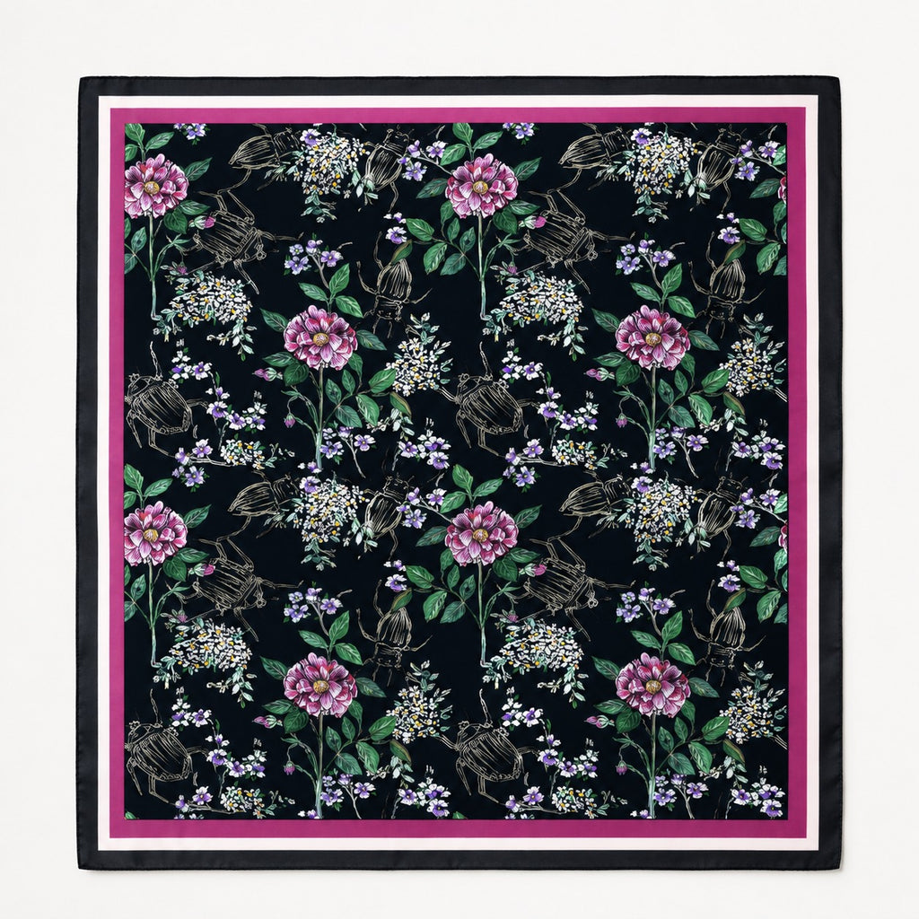 Scarab Bloom Men's Silk Scarf — flat lay of the hand-painted silk print
