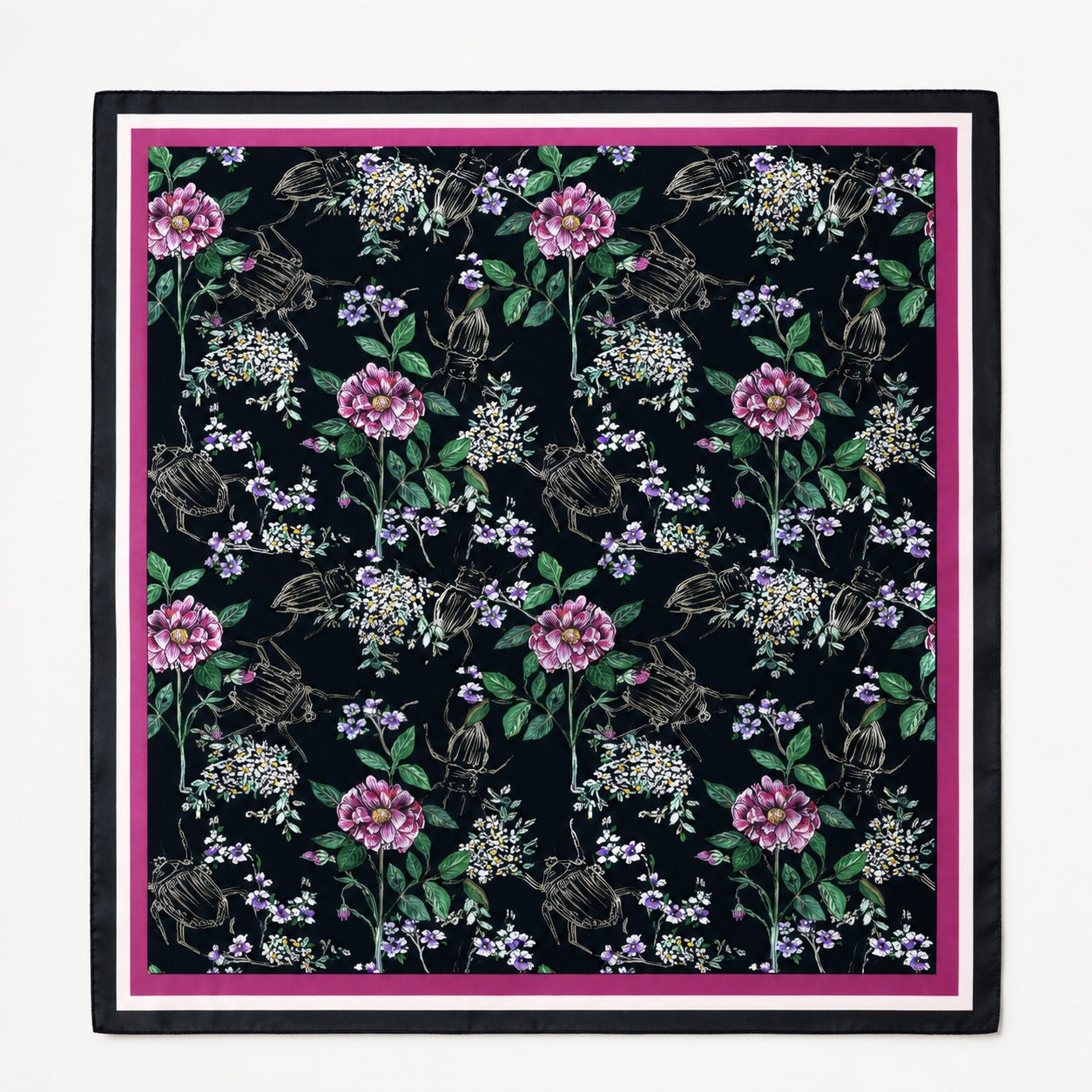 Scarab Bloom Men's Silk Scarf — flat lay of the hand-painted silk print