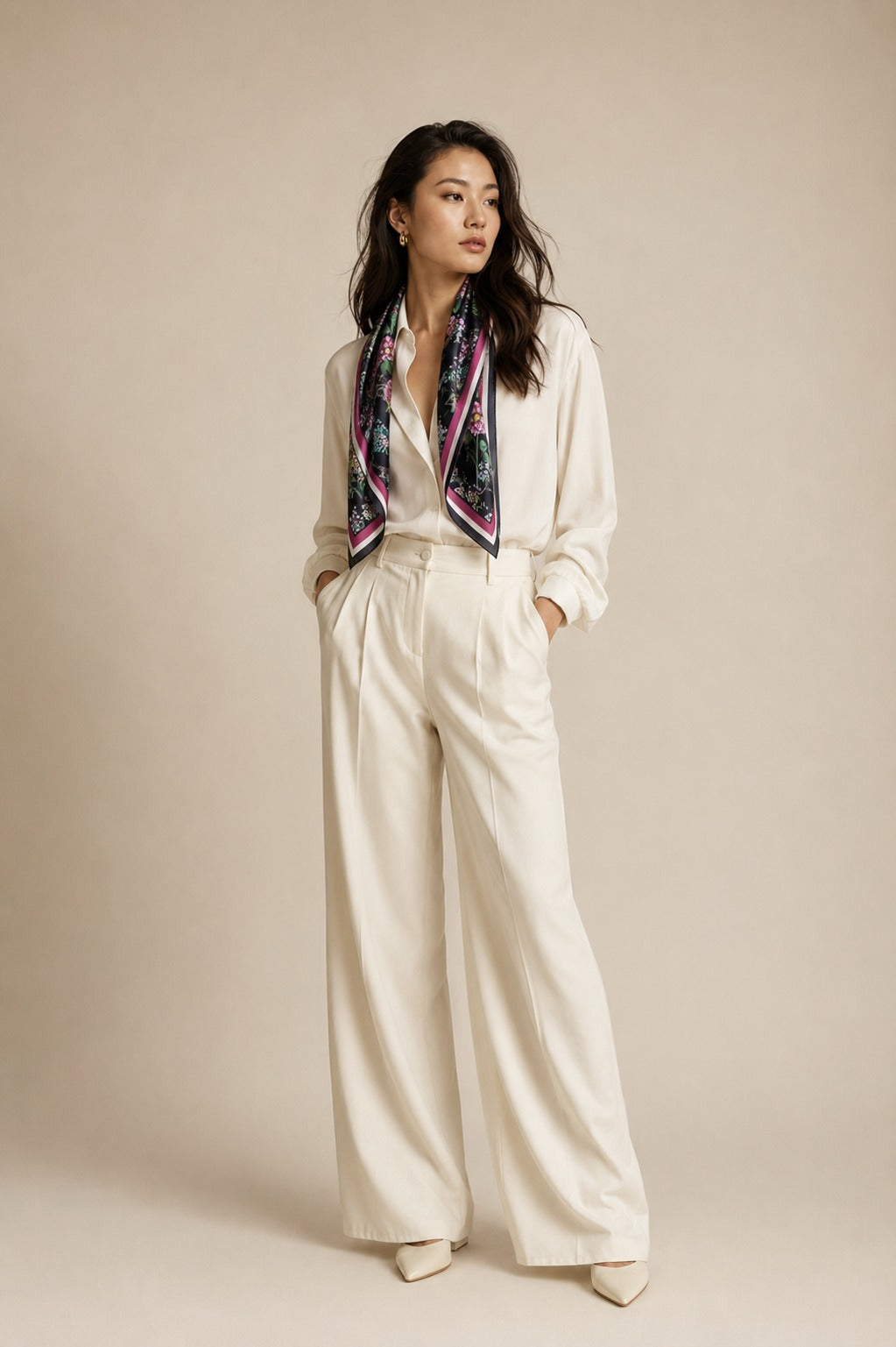 Model wearing the Scarab Bloom silk scarf