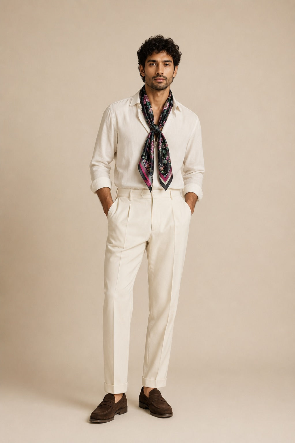 Model wearing the Scarab Bloom silk scarf