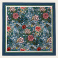 Songbird Chintz silk scarf, 40x40 — hand-painted songbirds and peonies on chambray blue, satin flat lay