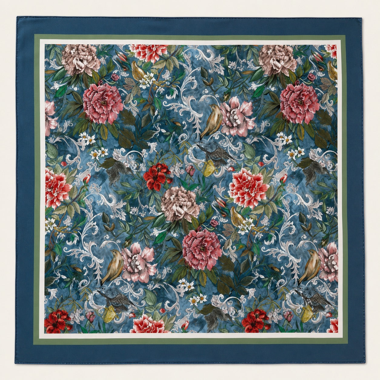 Songbird Chintz silk scarf, 40x40 — hand-painted songbirds and peonies on chambray blue, satin flat lay