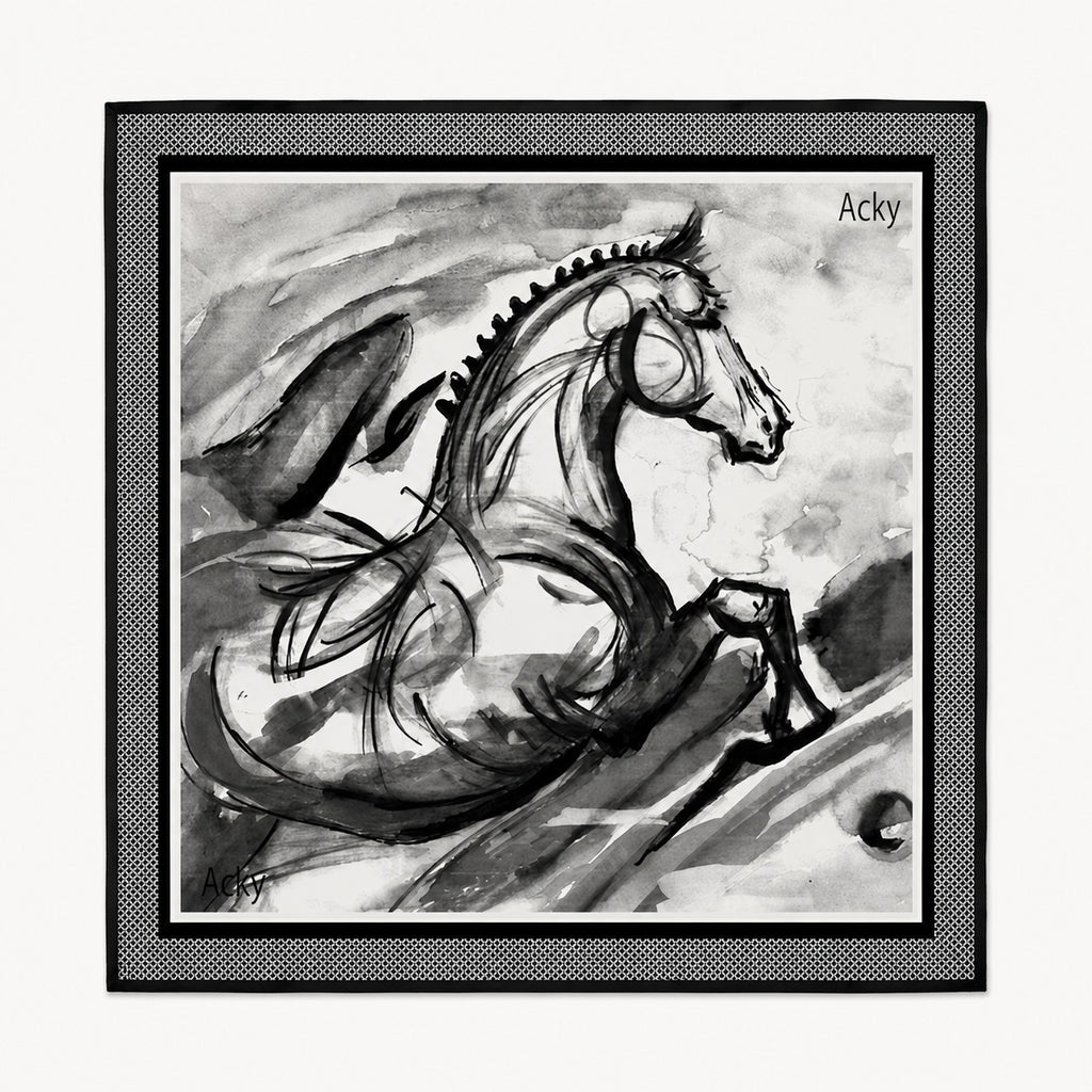Stallion Noir Men's Silk Scarf — flat lay of the hand-painted silk print