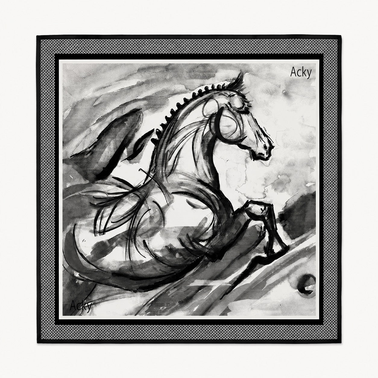 Stallion Noir Men's Silk Scarf — flat lay of the hand-painted silk print