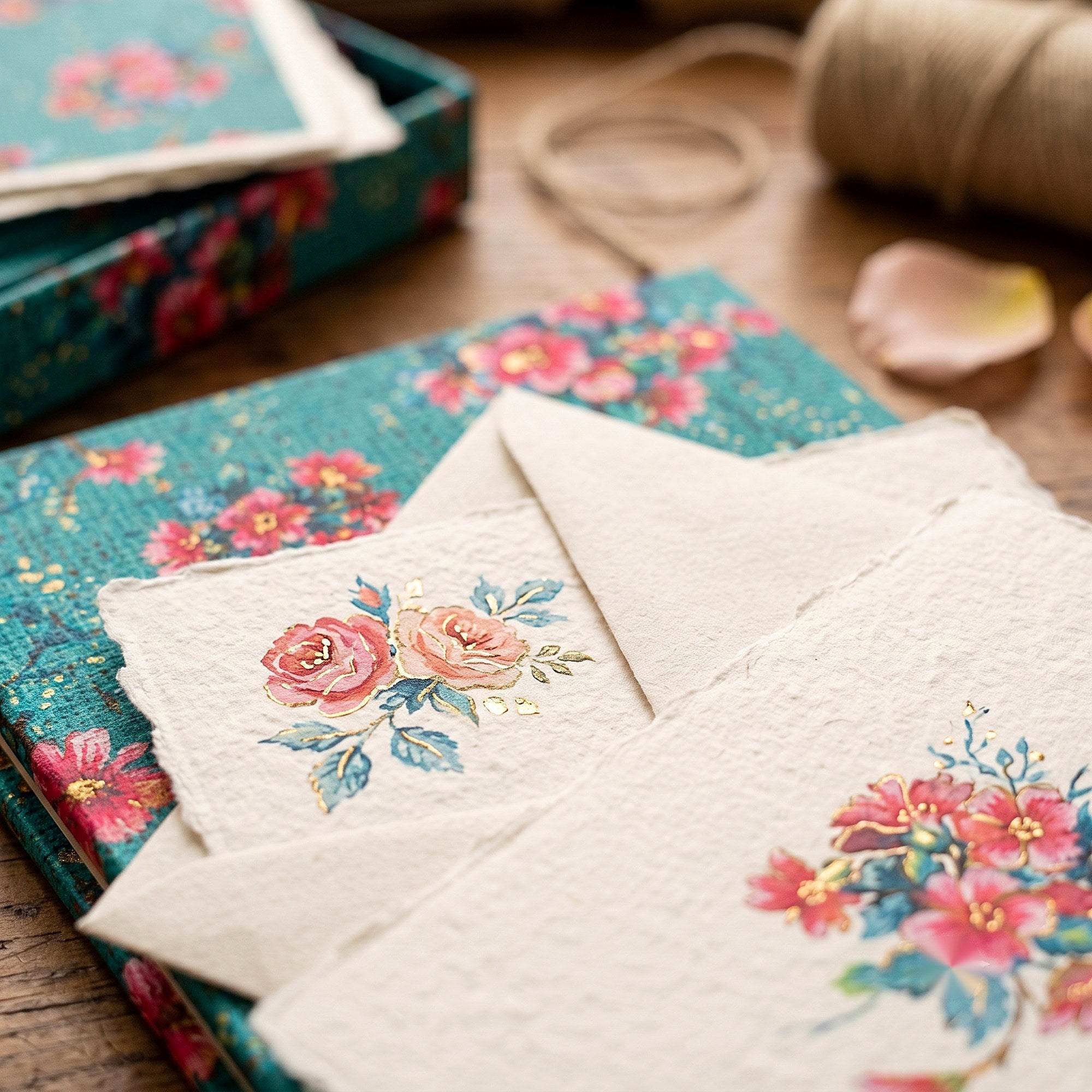 Teal Rose Stationery Set — detail