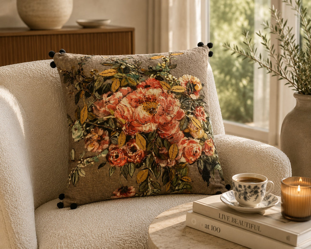 Tweed Rose cushion on a cream bouclé armchair beside a window