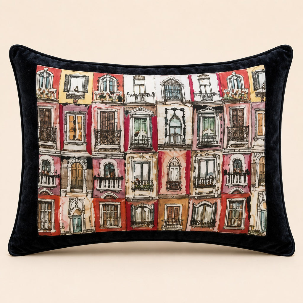Venice cushion — hand-drawn Venetian building facades with navy velvet border, flat catalogue
