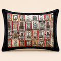 Venice cushion — hand-drawn Venetian building facades with navy velvet border, flat catalogue