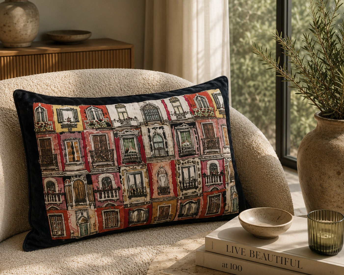 Venice cushion resting on a cream bouclé armchair in afternoon light