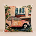 Vintage Motor cushion — peach appliqué motor car among roses on velvet with white pom-poms, flat catalogue