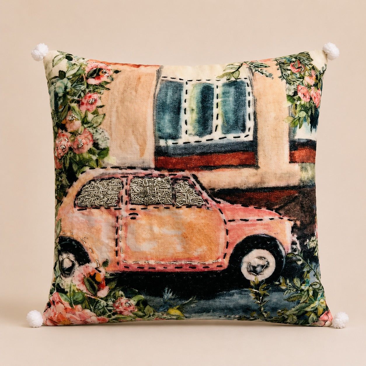 Vintage Motor cushion — peach appliqué motor car among roses on velvet with white pom-poms, flat catalogue