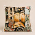 Vintage Scooter Cushion — amber scooter on a flower-framed street, watercolour on velvet with pom-pom trim
