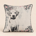 Watercolour Hound Cushion — grey watercolour hound with rose sprigs on natural linen