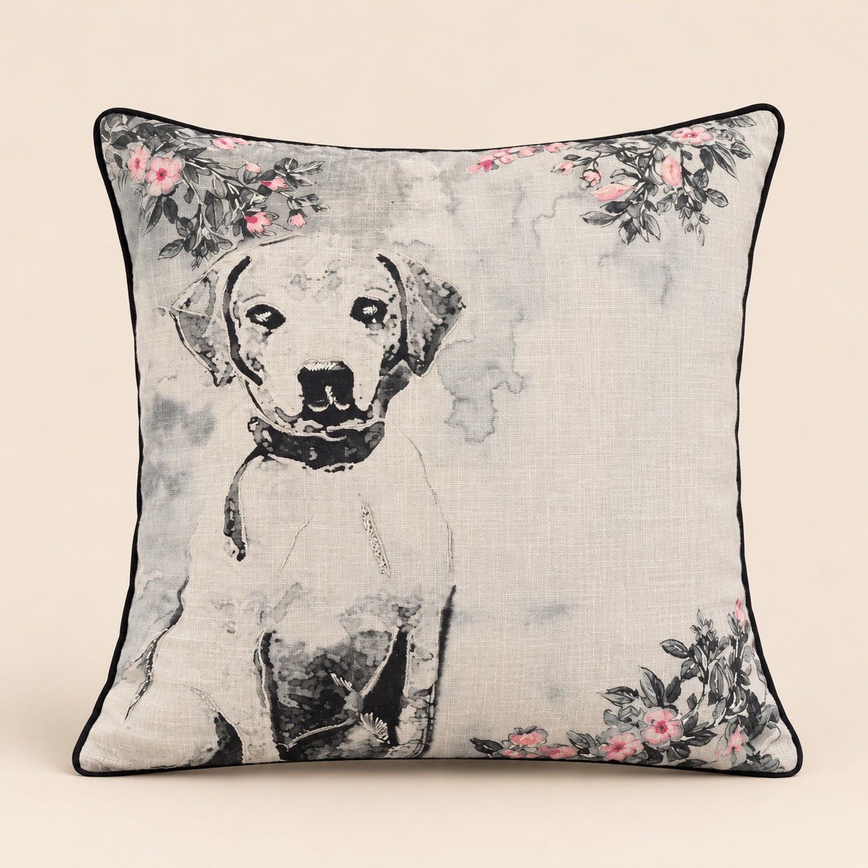 Watercolour Hound Cushion — grey watercolour hound with rose sprigs on natural linen