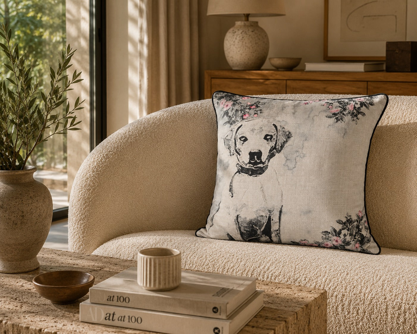 Watercolour Hound Cushion styled on a cream boucle sofa in a sunlit room