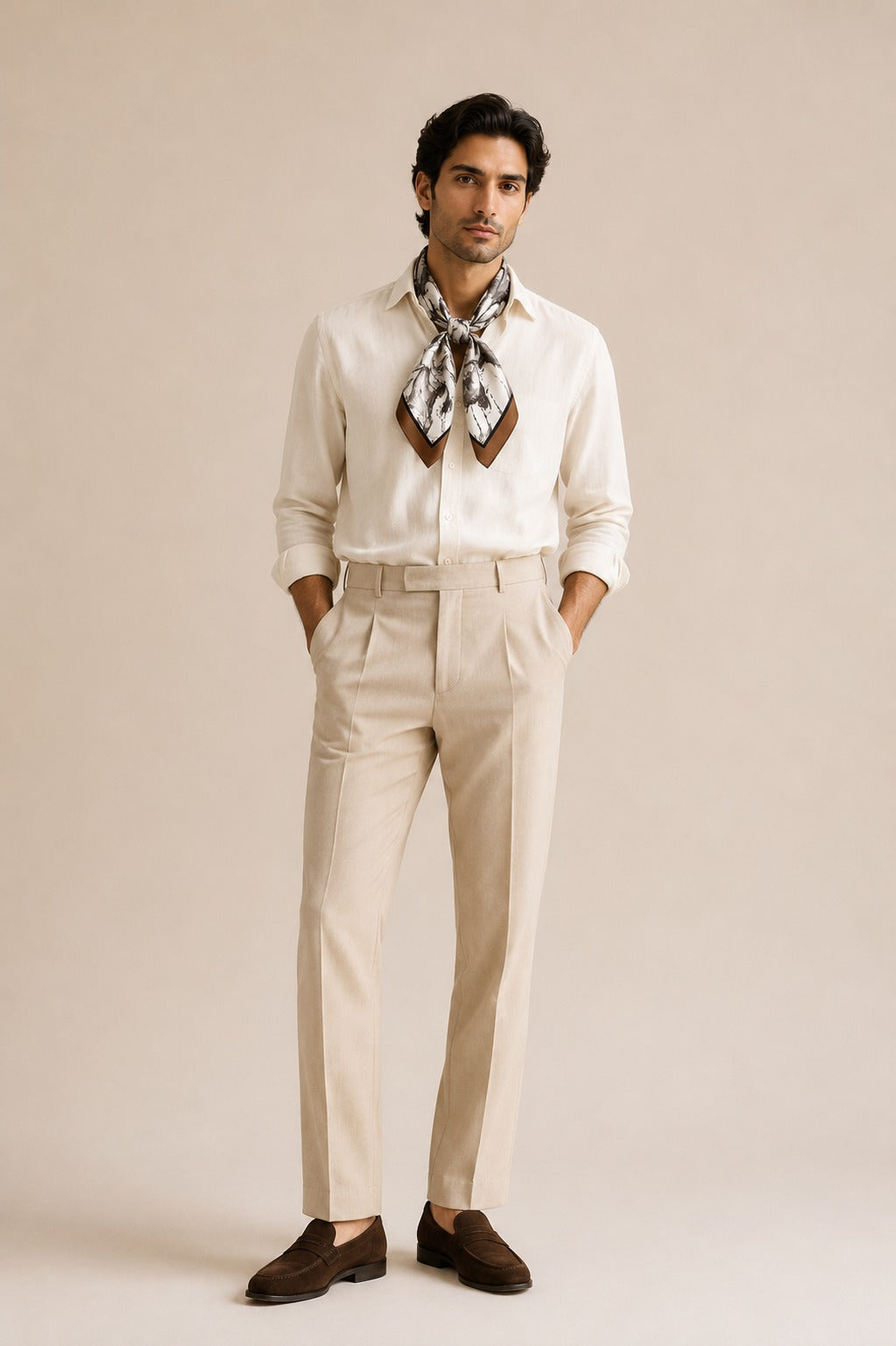 Model wearing the Wild Horses silk scarf