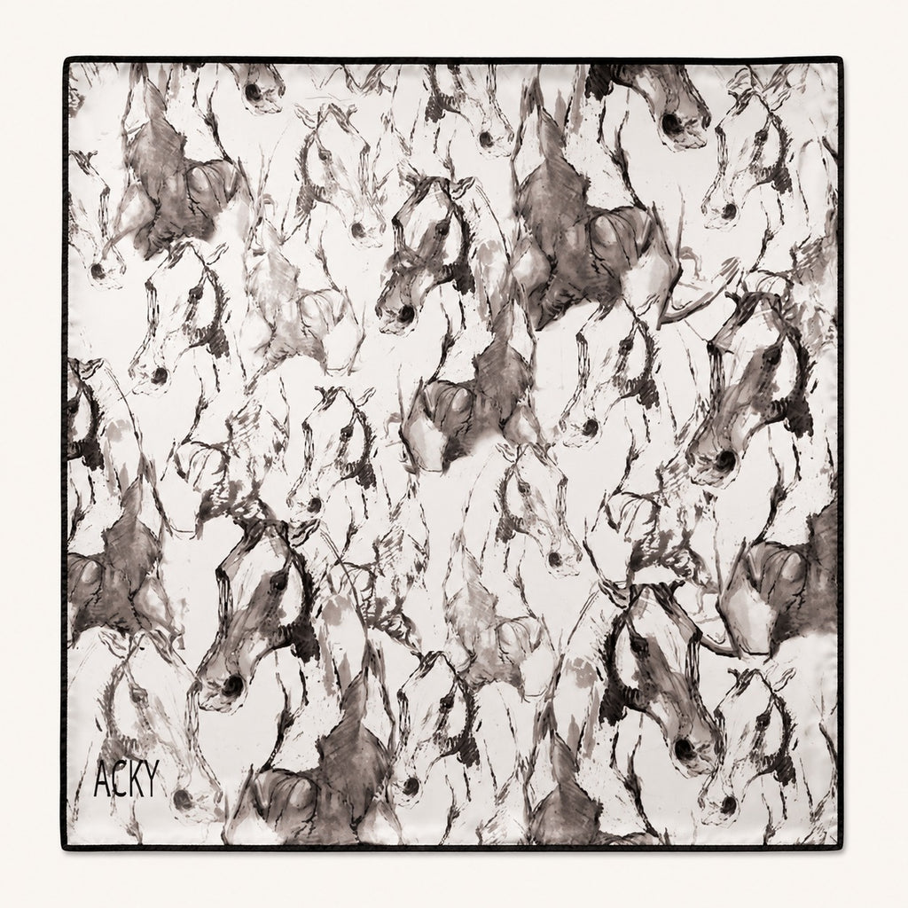 Wild Horses silk scarf, 40x40 — ink-sketched horse herd in monochrome with black border, satin flat lay