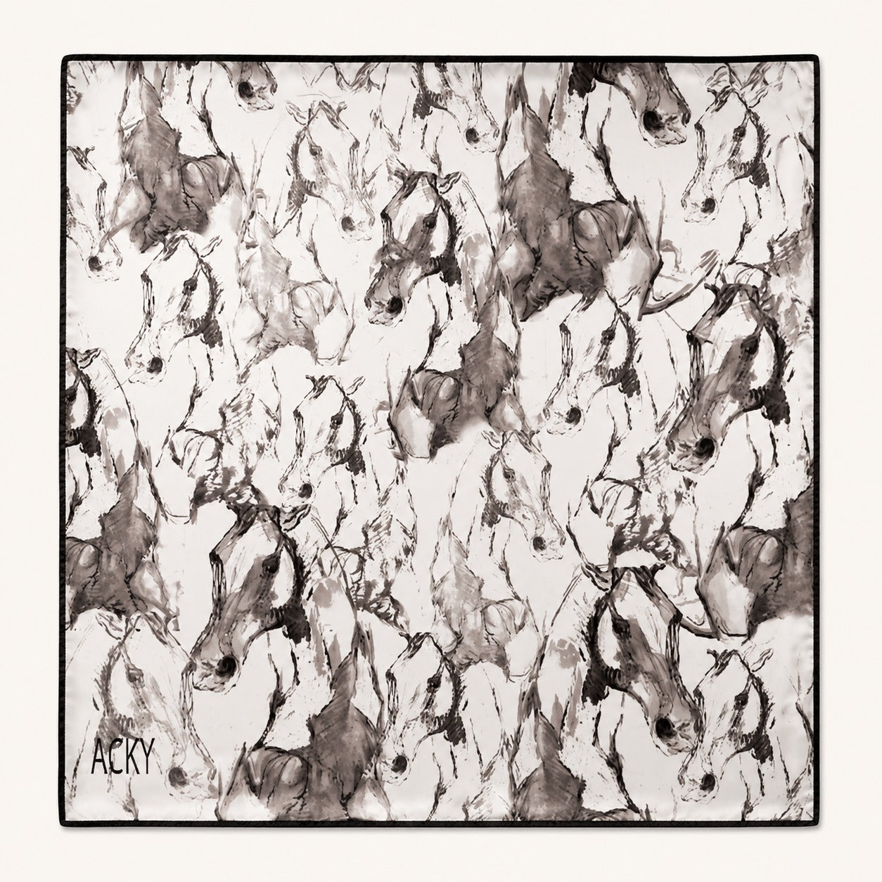 Wild Horses silk scarf, 40x40 — ink-sketched horse herd in monochrome with black border, satin flat lay
