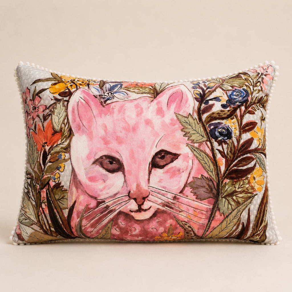 Wildflower Cat Cushion — pink cat among embroidered blooms on velvet with pom-pom trim