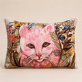Wildflower Cat Cushion — pink cat among embroidered blooms on velvet with pom-pom trim