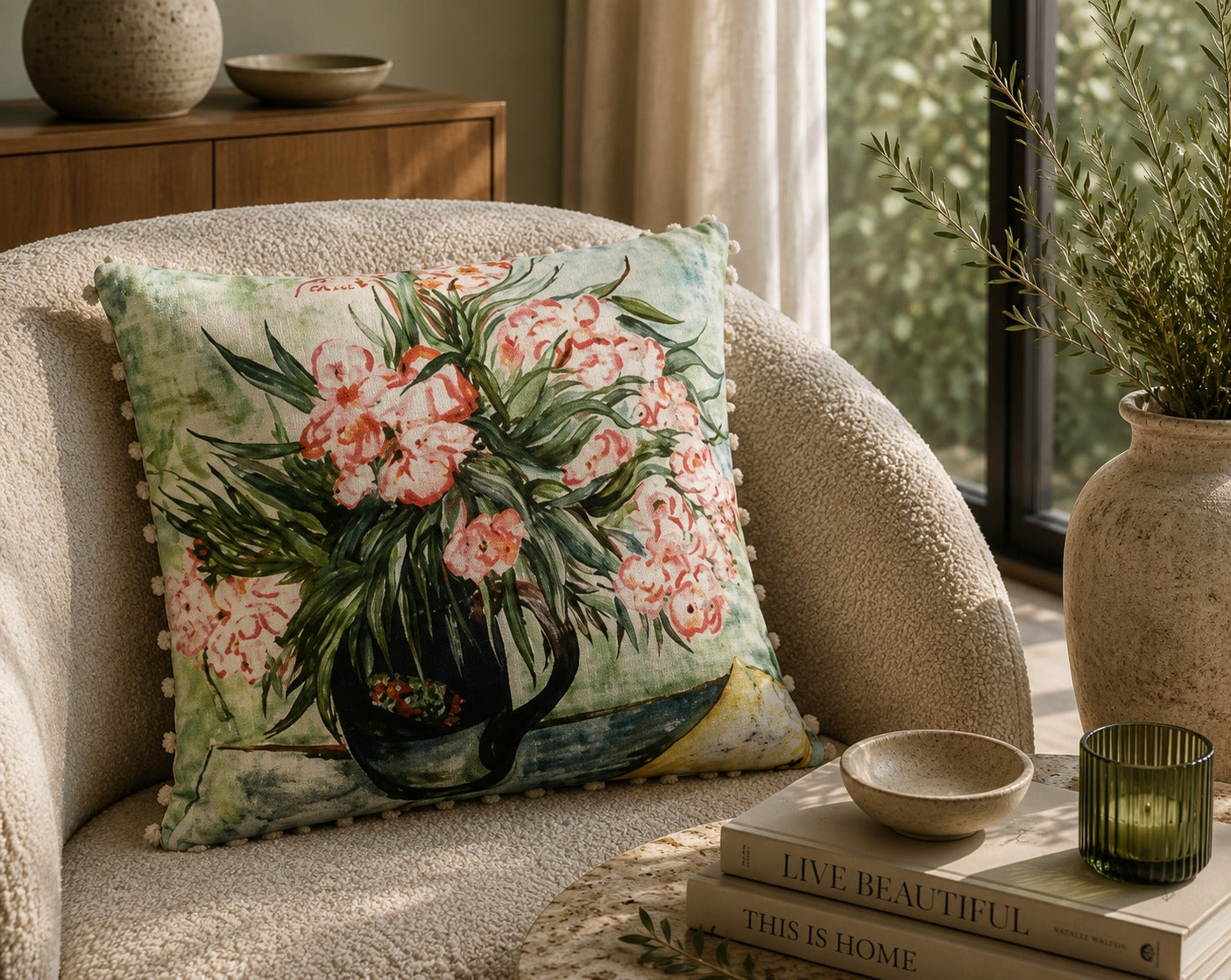 Willow cushion styled on a cream bouclé armchair beside a window